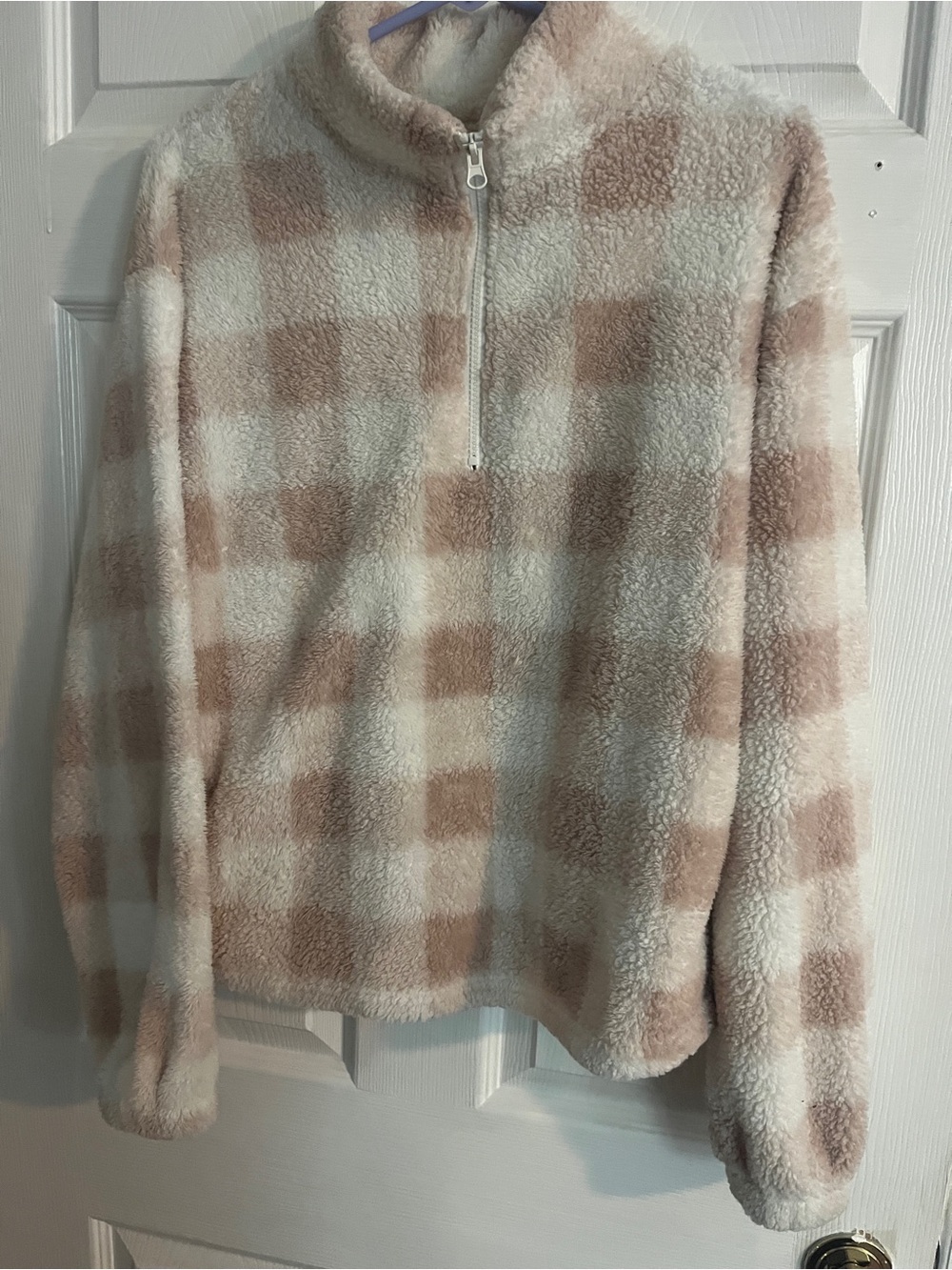 Colsie Plush Checkered Sherpa Jacket - Cream & Light Brown